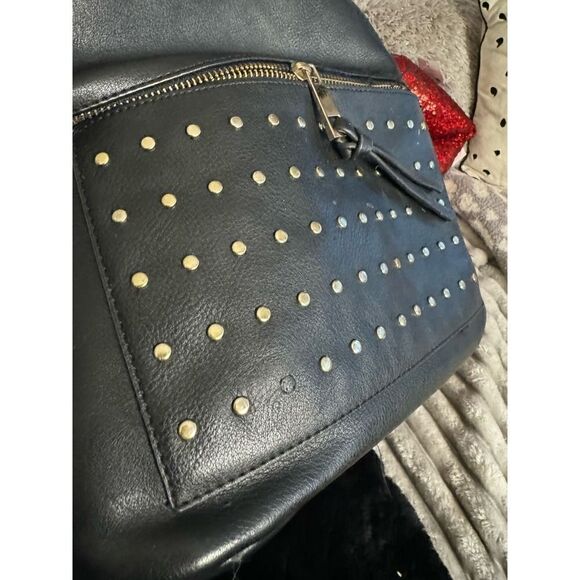 Rhinestone strap rivet studded black vegan leather backpack - Picture 8 of 11